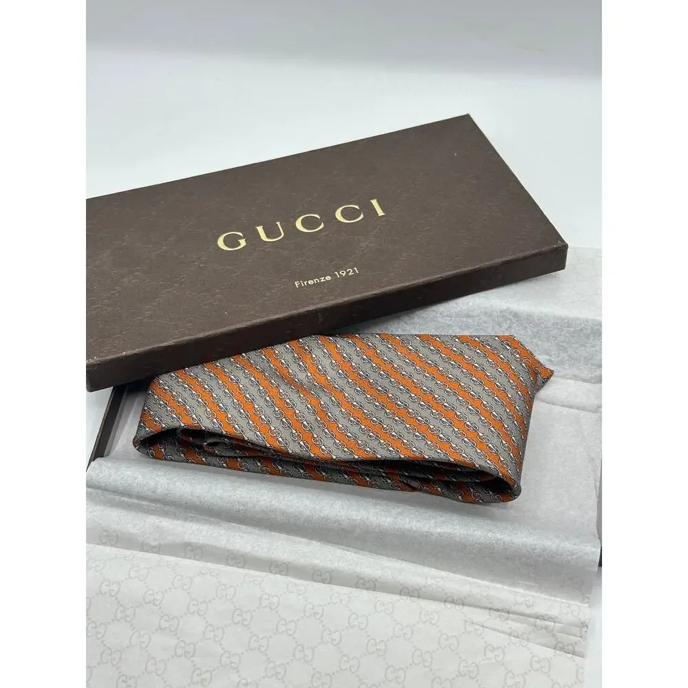 GUCCI GG Horsebit Silk Tie Orange Taupe Stripe Italy Luxury Necktie $250